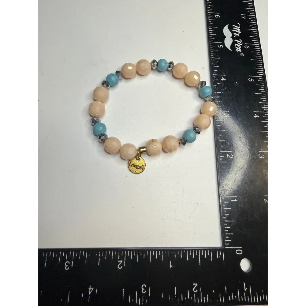 Erimish Beaded Stretch Bracelet Peach Turquoise Blue Wood Gold Tone Logo Charm
